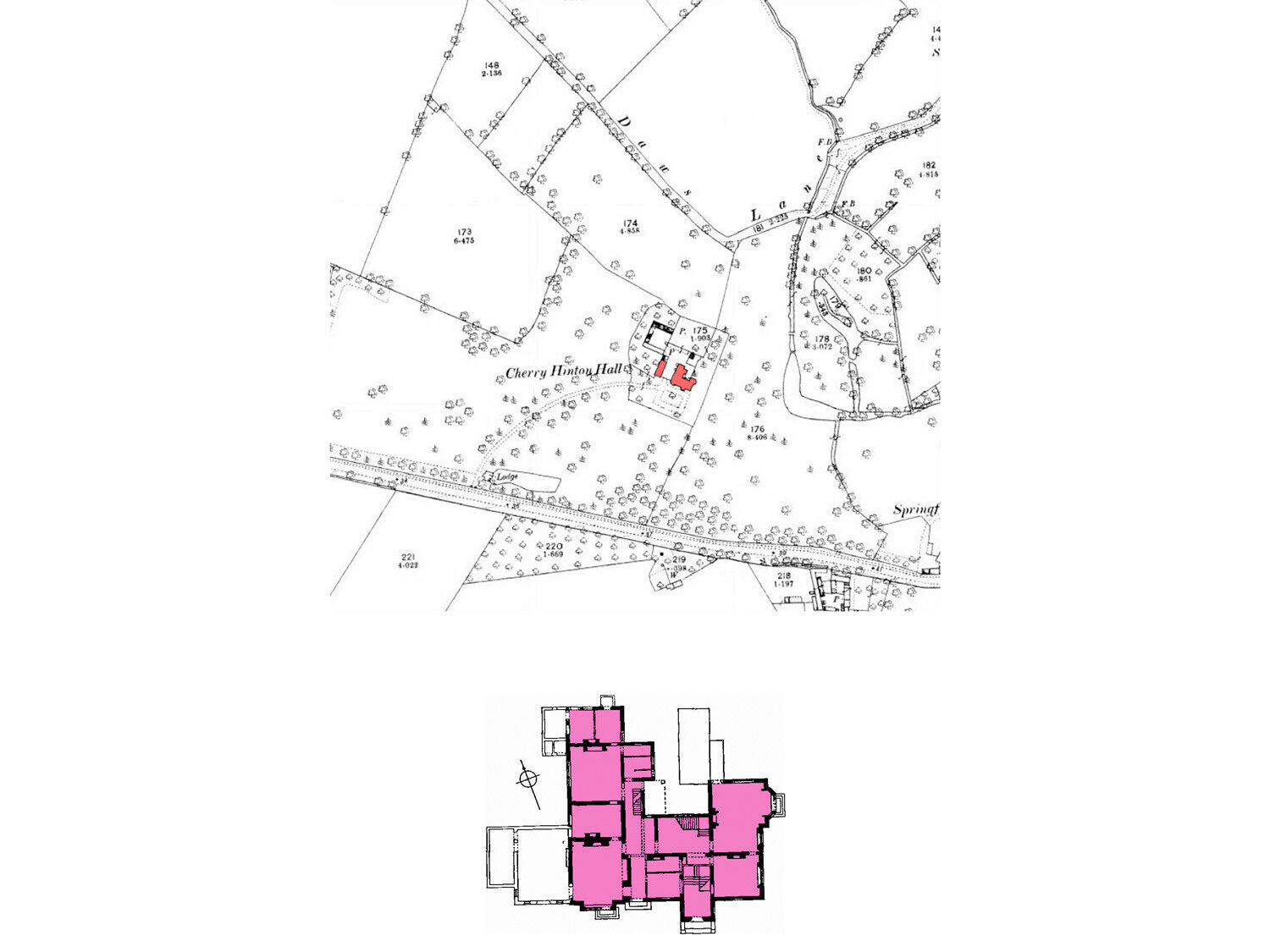 1888 map of the surrounding area with Cherry Hinton Hall in red and pink