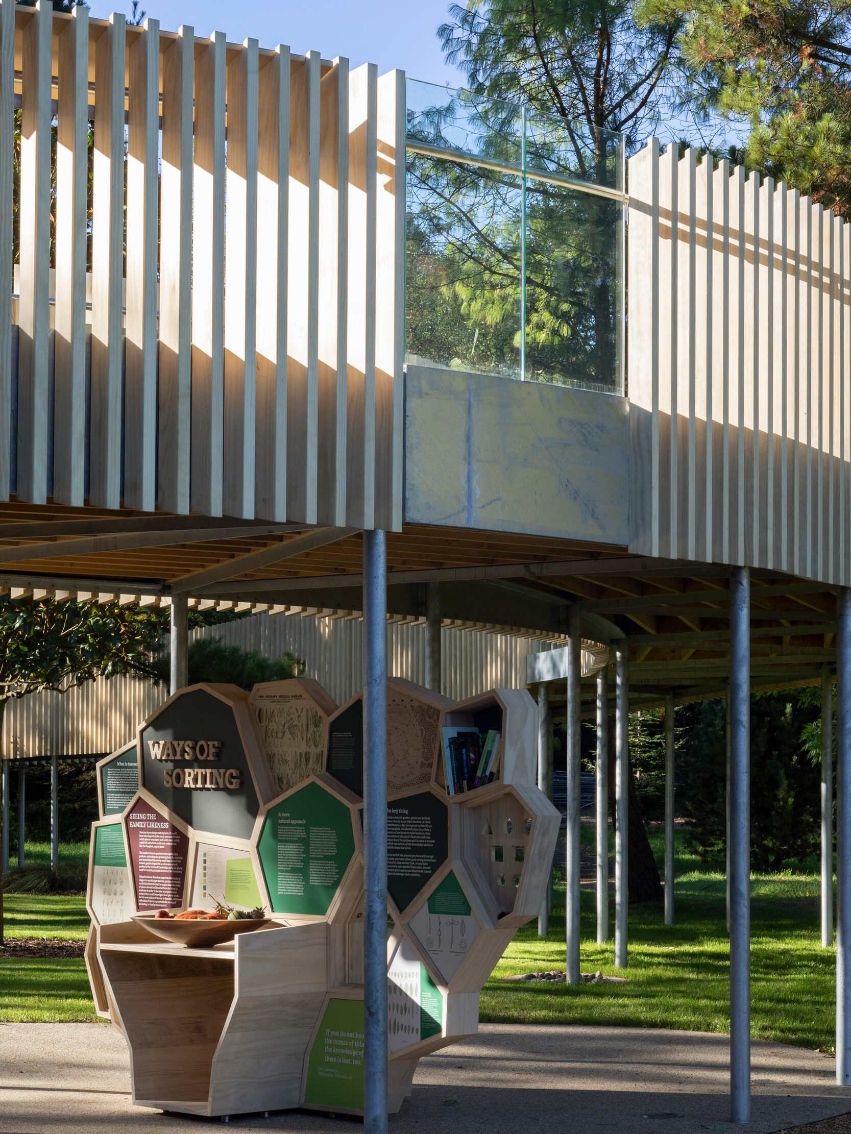 The interpretation hub below the raised viewing point of The rising Path Cambridge University Botanic Garden by architects CDC Studio