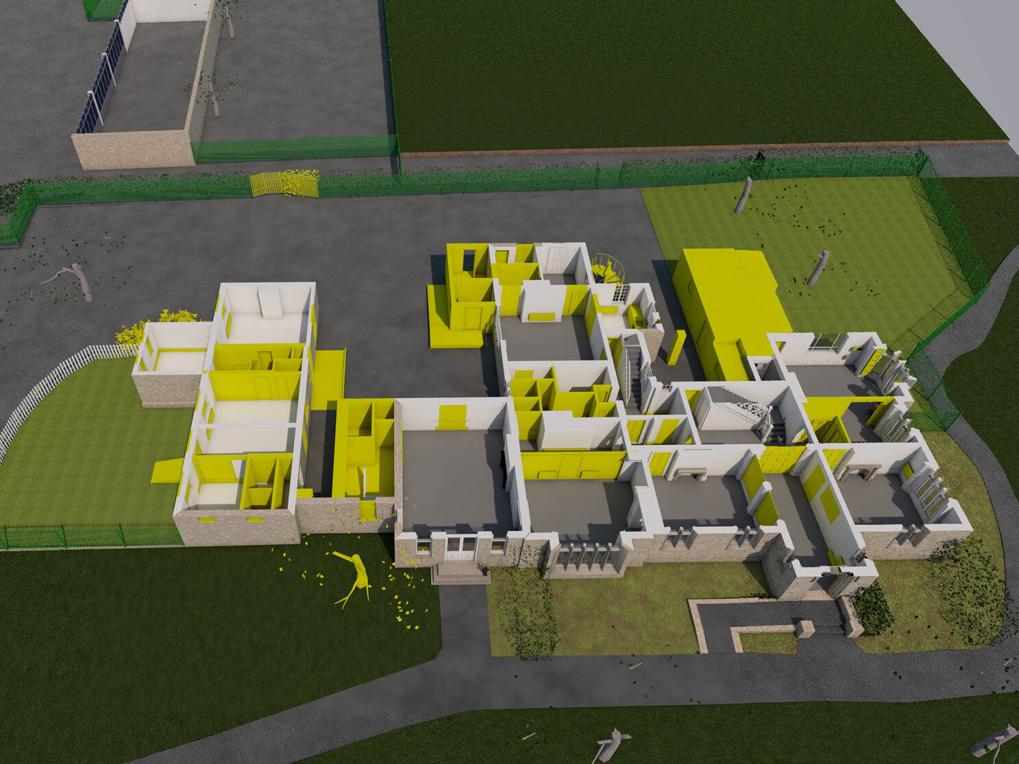 3d rendering by CDC studio of ground floor showcasing internal demolition strategy in green.