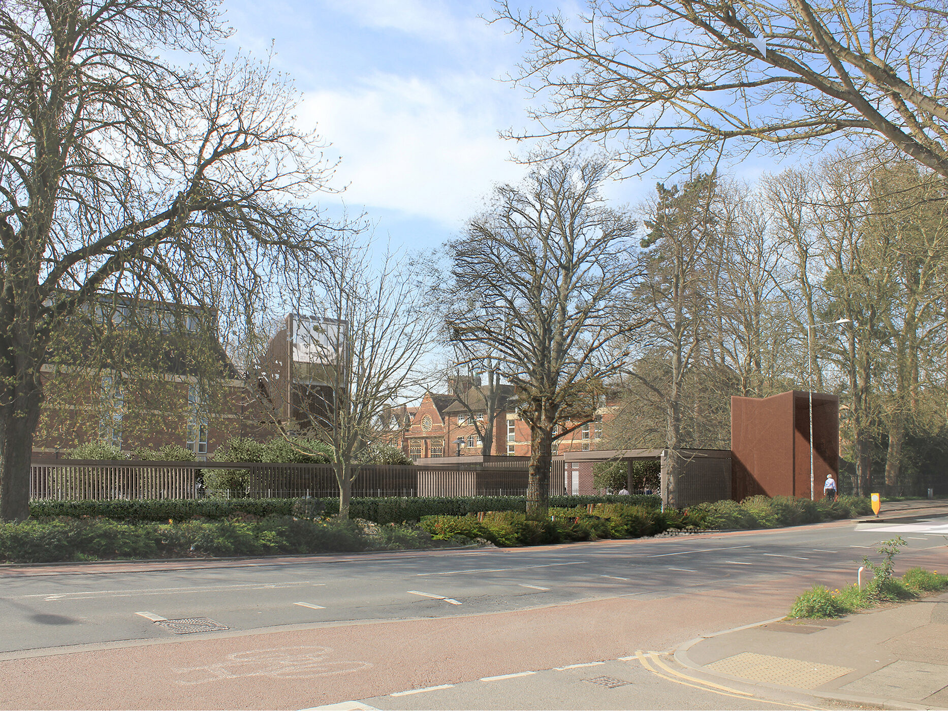 Visualisation showing view across hills road towards gateway entrance and porters' lodge in distance with landscaped pavement and trees in foreground  | cdc studio cambridge architects