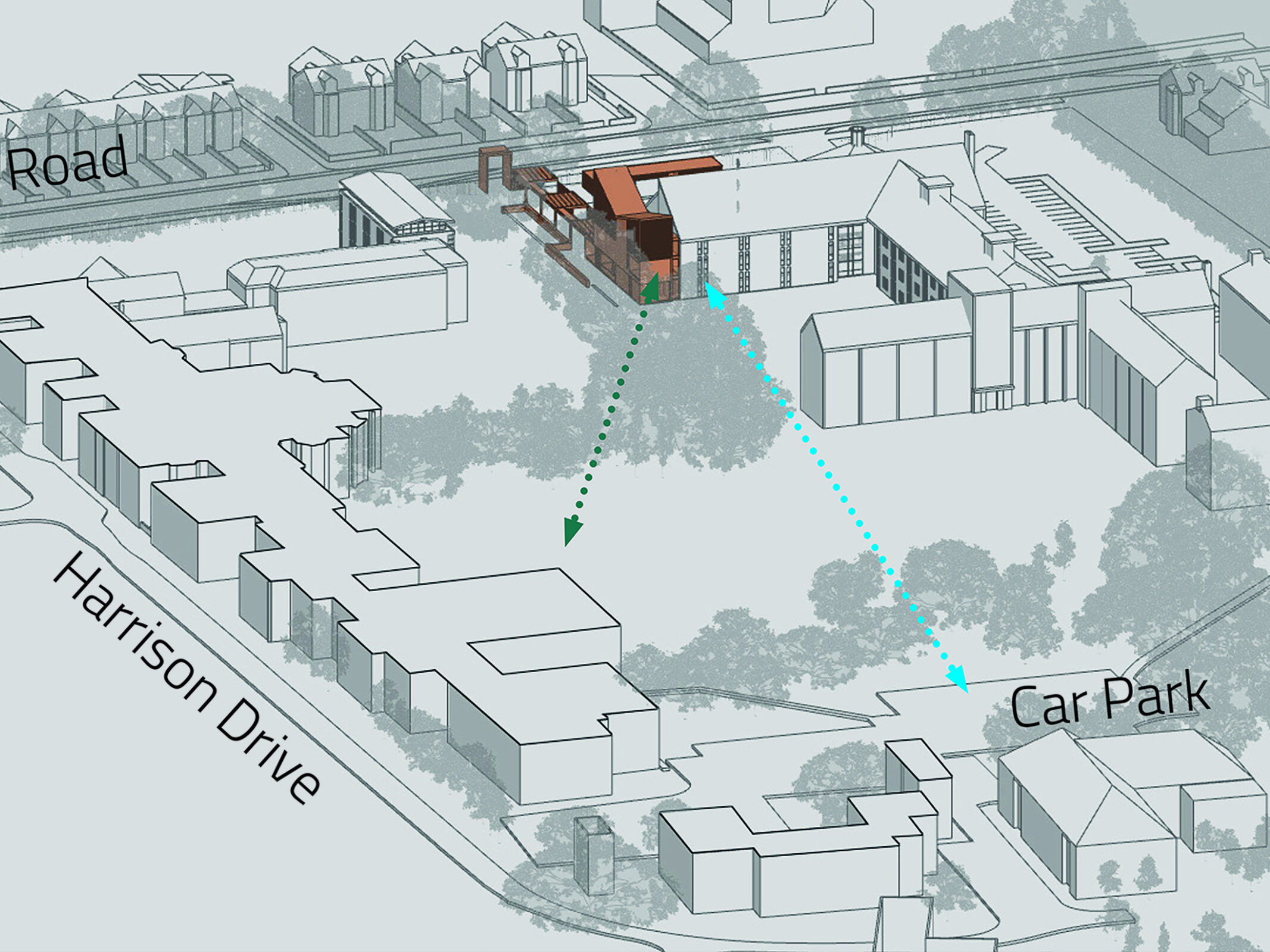 Aerial diagram showing Hills Road and Homerton college buildings with porters' lodge and circulation routes highlighted  | cdc studio cambridge architects