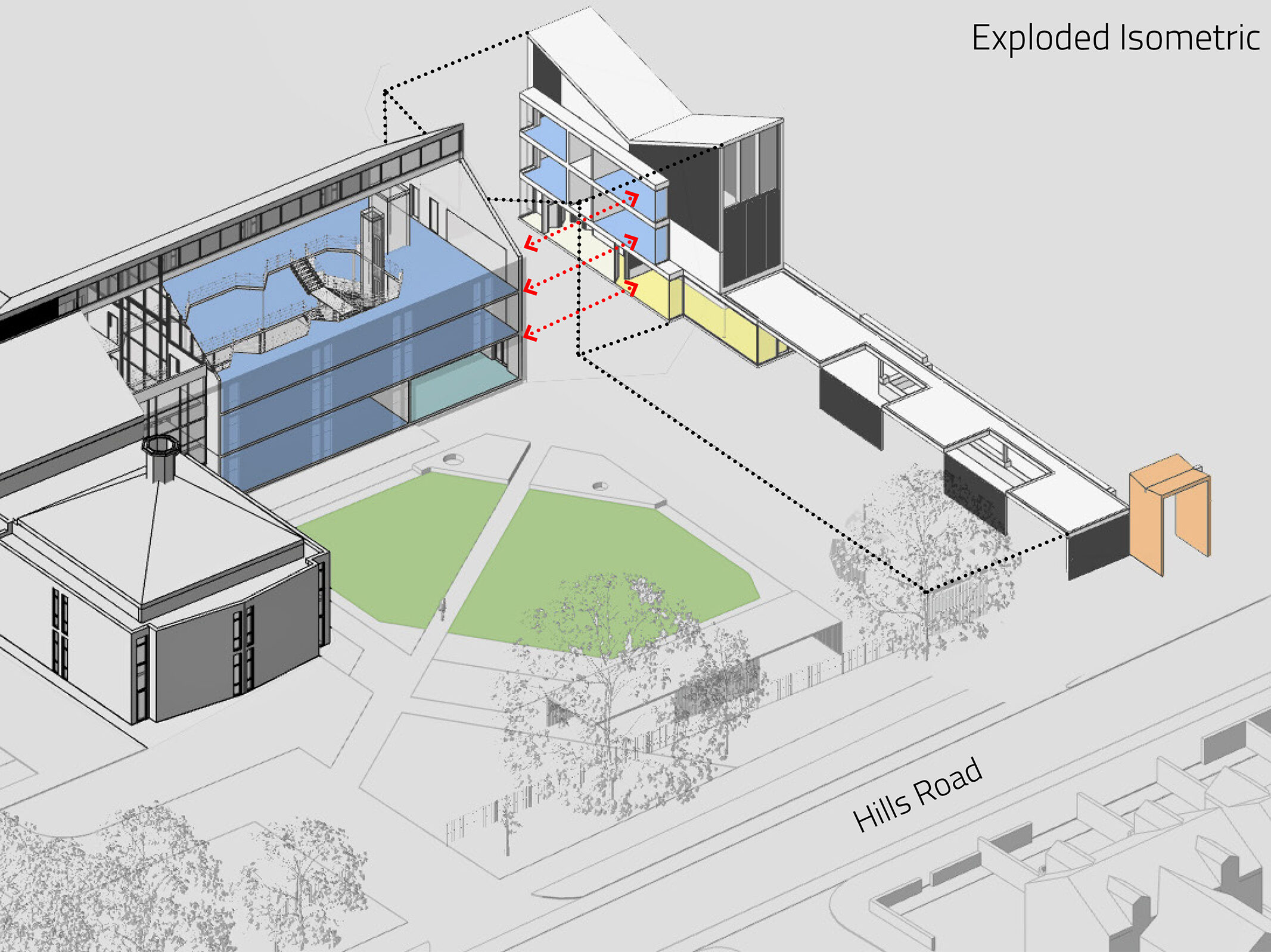 exploded isometric drawing showing porters' lodge and quad in college site  | cdc studio cambridge architects