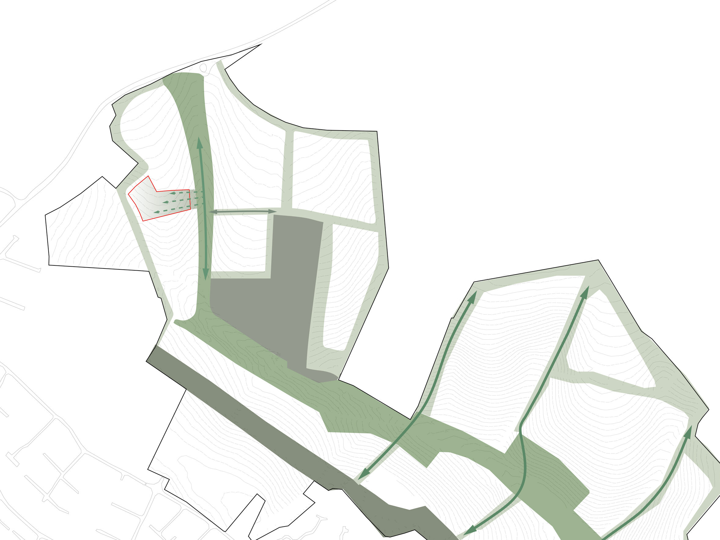 Site strategy diagram for tying the site into existing green space | Cambridge architects CDC Studio