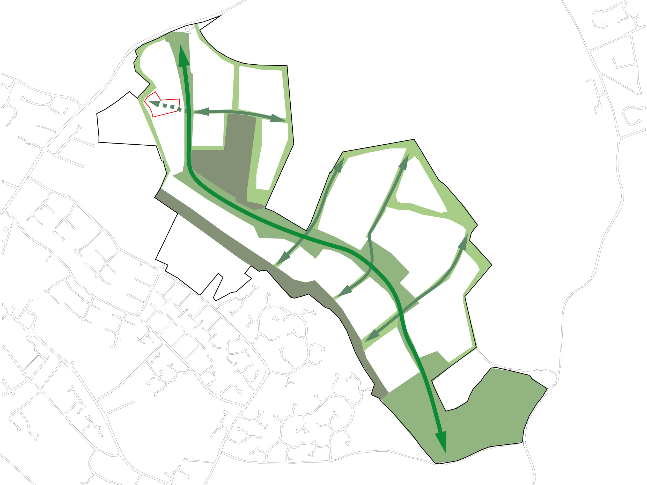 Site analysis diagram showing local green arteries and linear park | Cambridge architects CDC Studio