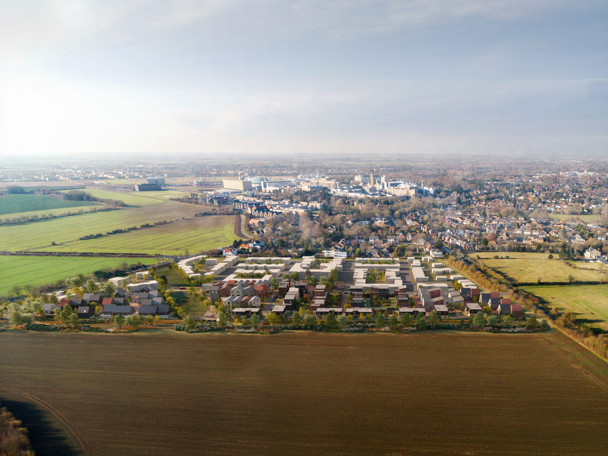 Visualisation of the masterplan fro  the sky | Eddeva Park, Cambridge | architects CDC Studio