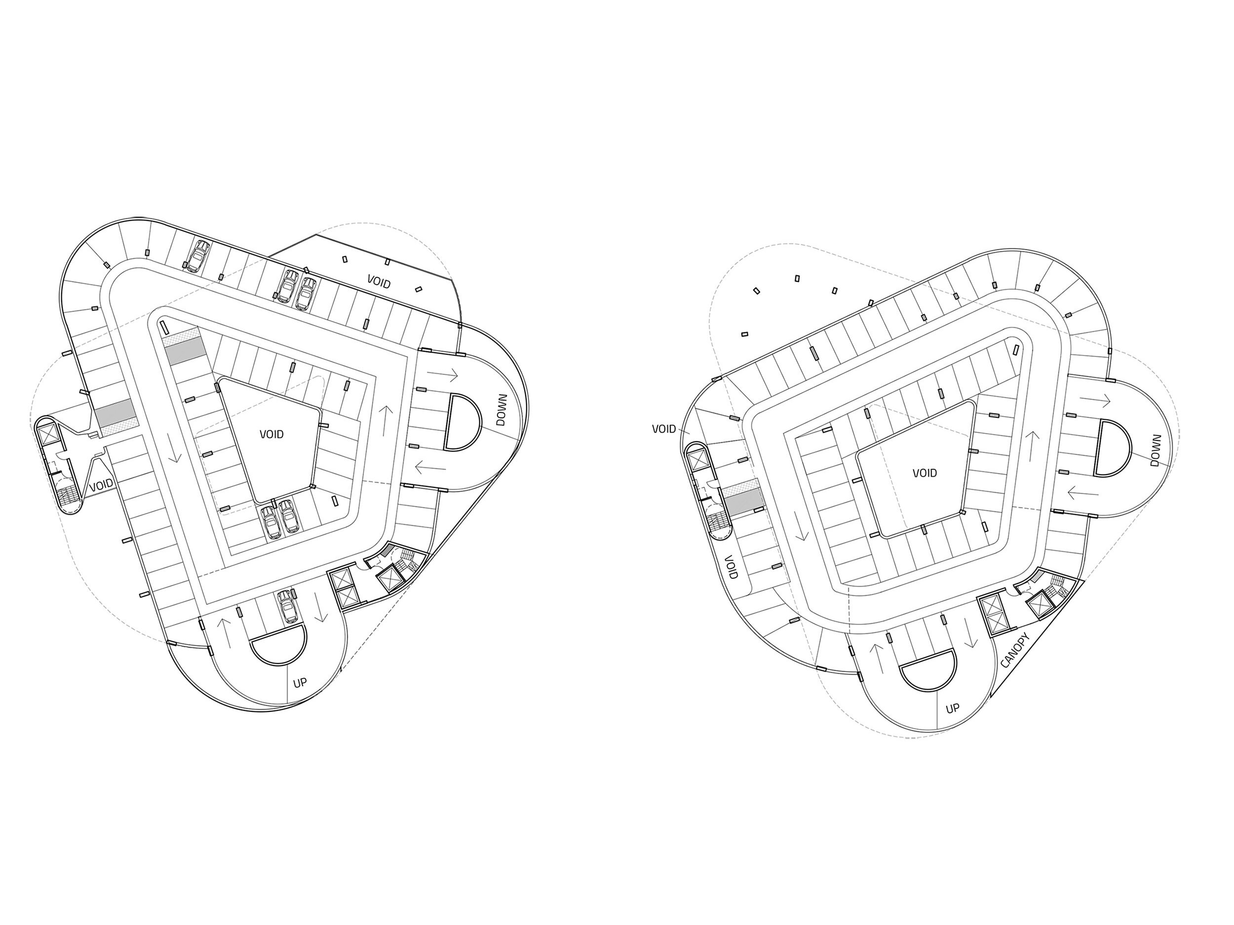 Line drawing showing the layout of the upper floors of teh car park