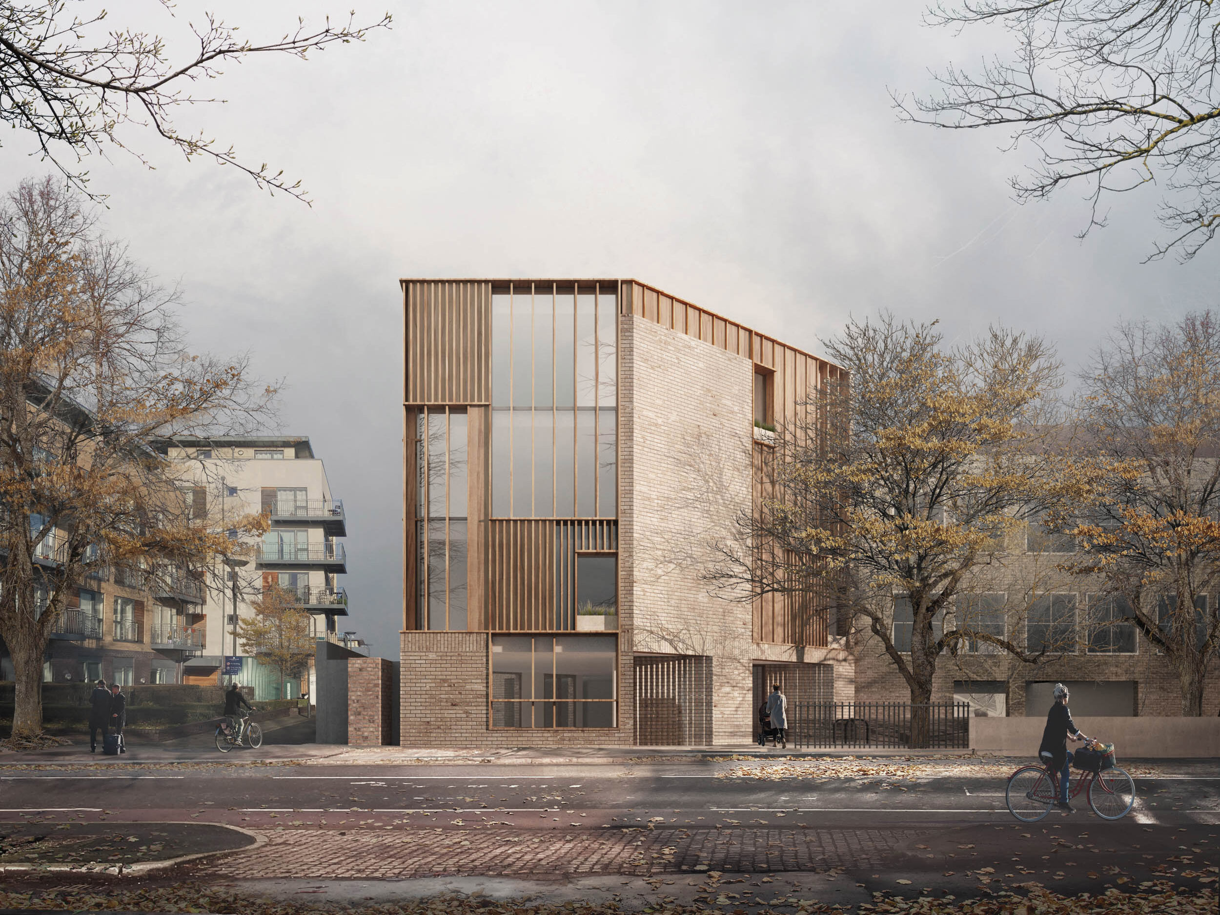 Autumnal visualisation of the proposed view from Newmarket Road, Cambridge | architects CDC Studio
