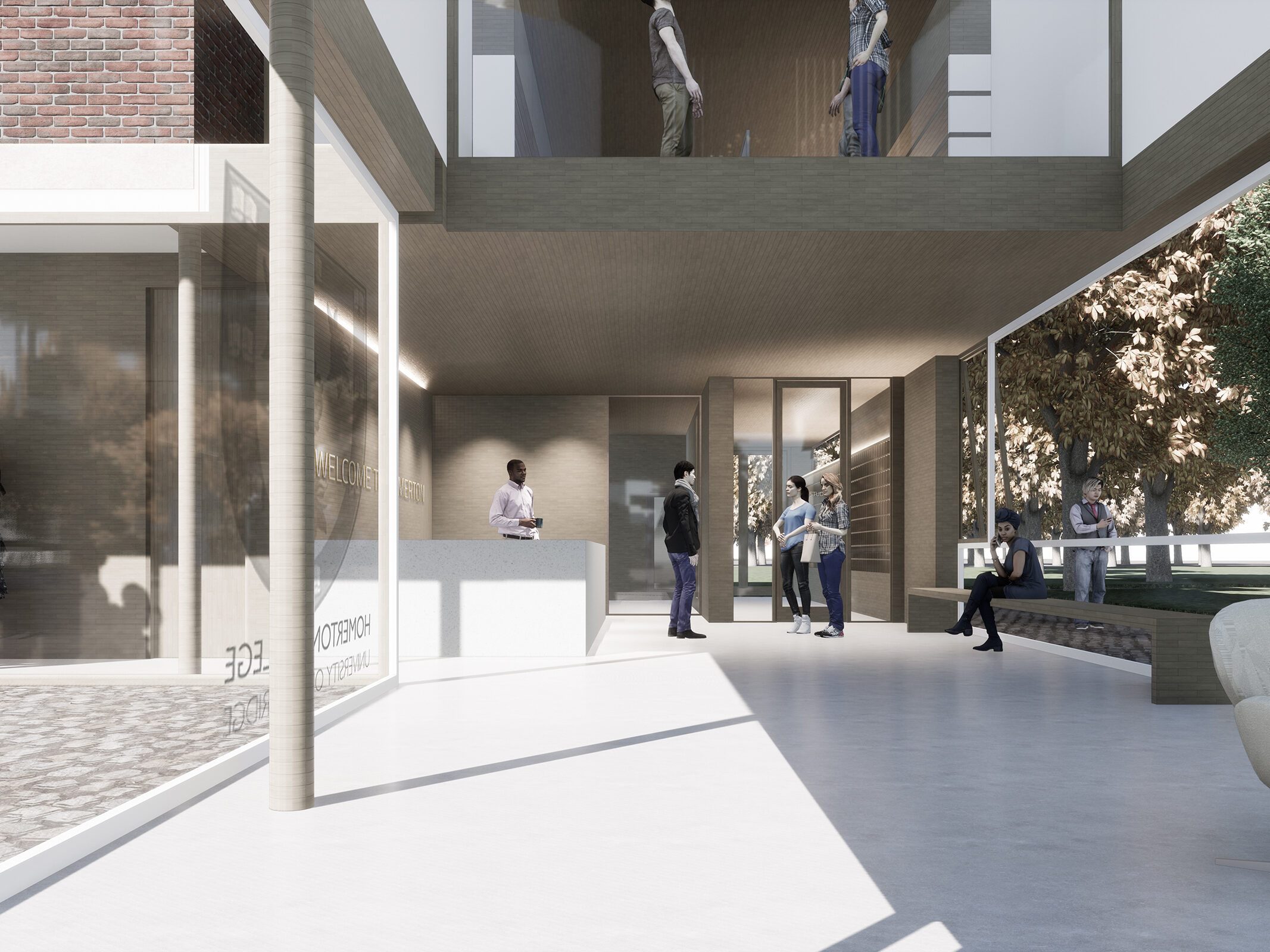 Visualisation showing students chatting in porters' lodge lobby  | cdc studio cambridge architects